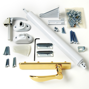 Brass Lever Handle, White Interior Handle and Closer Brass Lever Handle, White Interior Handle and Closer